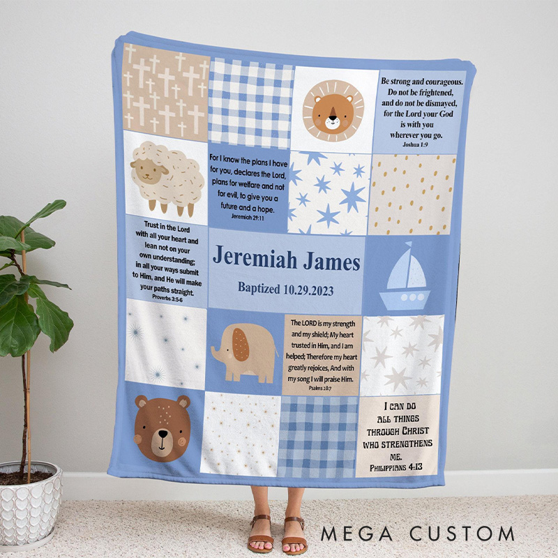 Personalized Woodland Animals Scripture Patchwork Throw Blanket with Name and Date Home Decor Christian Gift for Baby Boy Baptism & Christening Gift