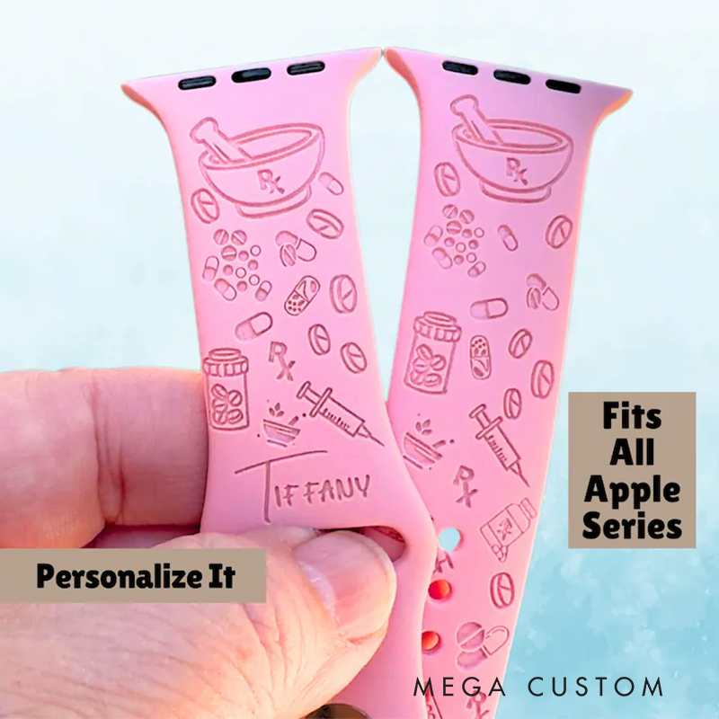 Personalized Pharmacy-Themed Silicone Watch Band Engraved Apple Watch Band Custom Name Watch Band