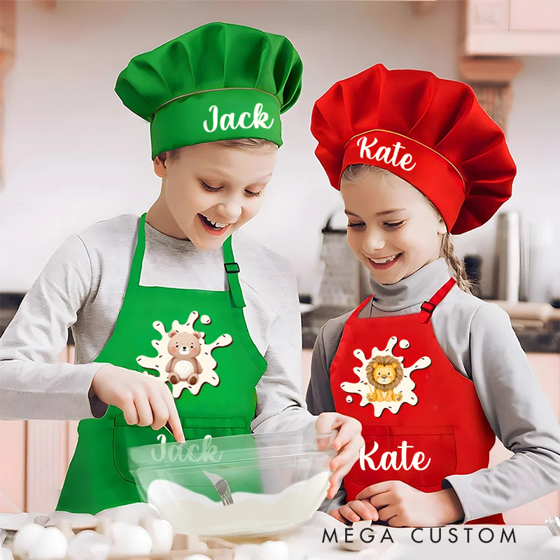 Personalized Cute Animals Adjustable Apron Chef Hat Set with Pocket and Name Cooking Baking Birthday Gift for Kids