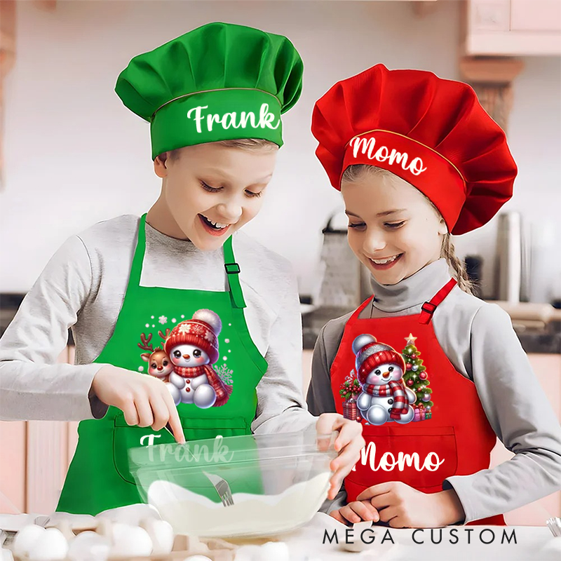 Personalized Cute Snowman Adjustable Apron Chef Hat Set with Pocket and Name Cooking Baking Birthday Gift for Kids
