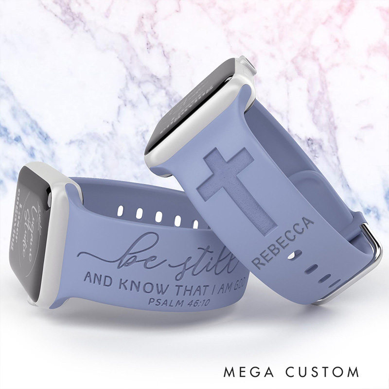 Personalized Be Still Cross Silicone Watch Band with Name for Apple Watch Engraved Psalm 46:10 Bible Verses Watch Band Religious Christian Gift