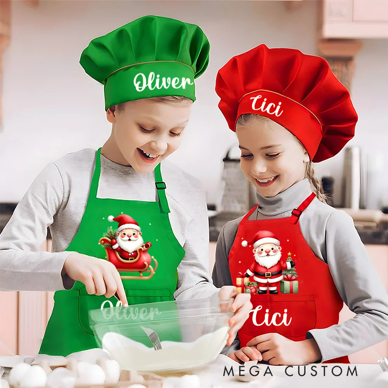 Personalized Cute Santa Claus Apron Chef Hat Set with Pocket and Name Cooking Baking Birthday Gift for Kids