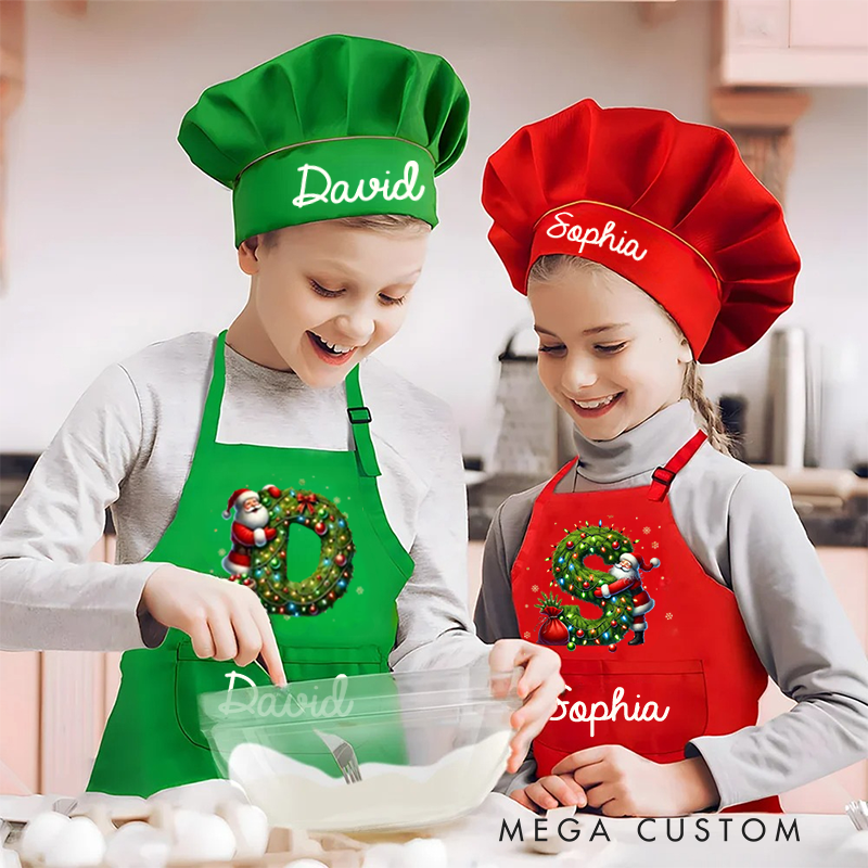 Personalized Santa Claus Initials Adjustable Apron Chef Hat Set with Pocket and Name Cooking Baking Birthday Gift for Kids