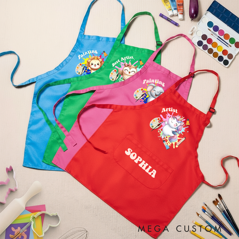 Personalized Cute Animal Kids Art Apron Fantasy Unicorn Kid Apron Chef Hat Set with Name Cooking Handcraft Activities Birthday Holiday Gift for Kids