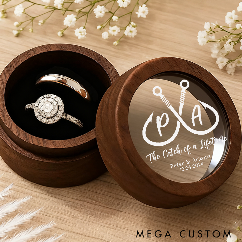 Personalized Wooden Ring Box The Catch of a Lifetime Design Custom Names and Time Perfect for Couples Weddings Engagements and Romantic Gifts