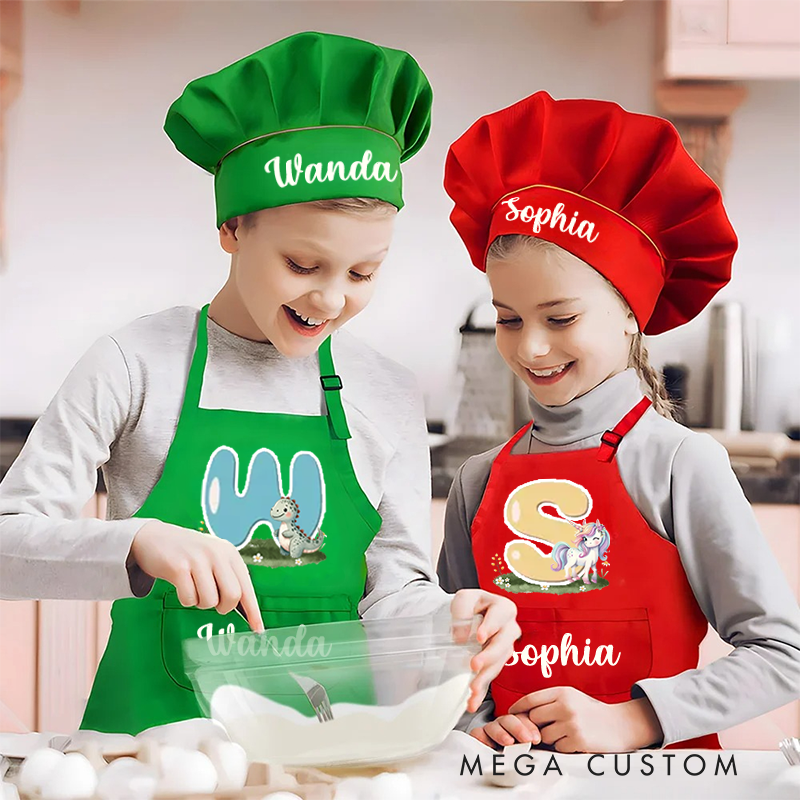 Personalized Animal Initials Adjustable Apron Chef Hat Set with Pocket and Name Cooking Baking Birthday Gift for Kids