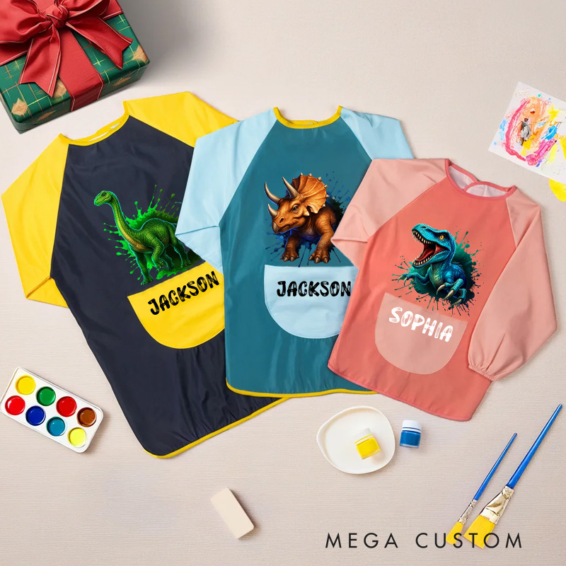 Personalized Dinosaur Art Apron with Custom Name for Creative and Exciting Painting Sessions Kid Apron