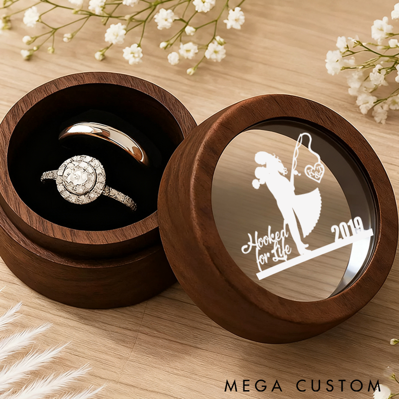 Personalized Wooden Ring Box Hooked for Life Ring Box Wooden Fishing Themed Jewelry Box Perfect for Engagements Weddings Couples and Romantic Gifts