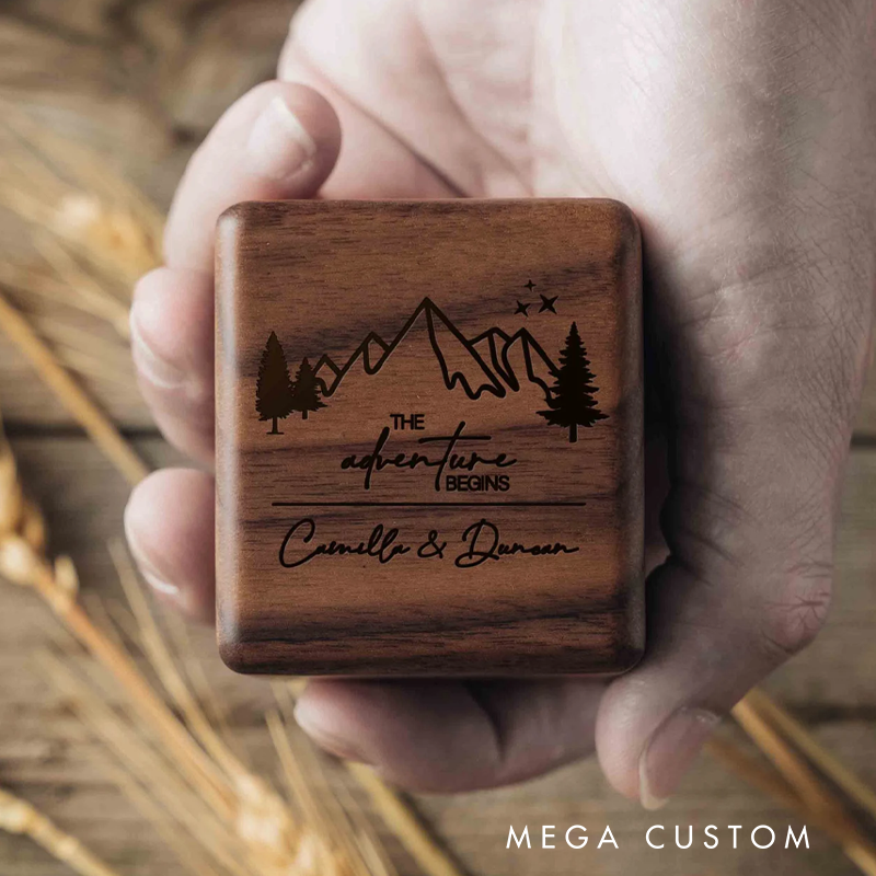 Personalized Engraved Wooden Ring Box Custom the Adventure Begins 2 Slots Ring Bearer Box Wood Ring Holder Gift for Couple