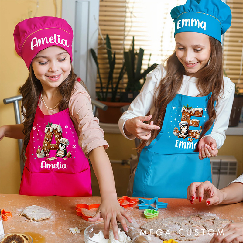Personalized Cute Penguin Cookie Initial Adjustable Kid Apron Chef Hat Set with Pocket for Cooking Christmas Birthday Gift for Boys Girls