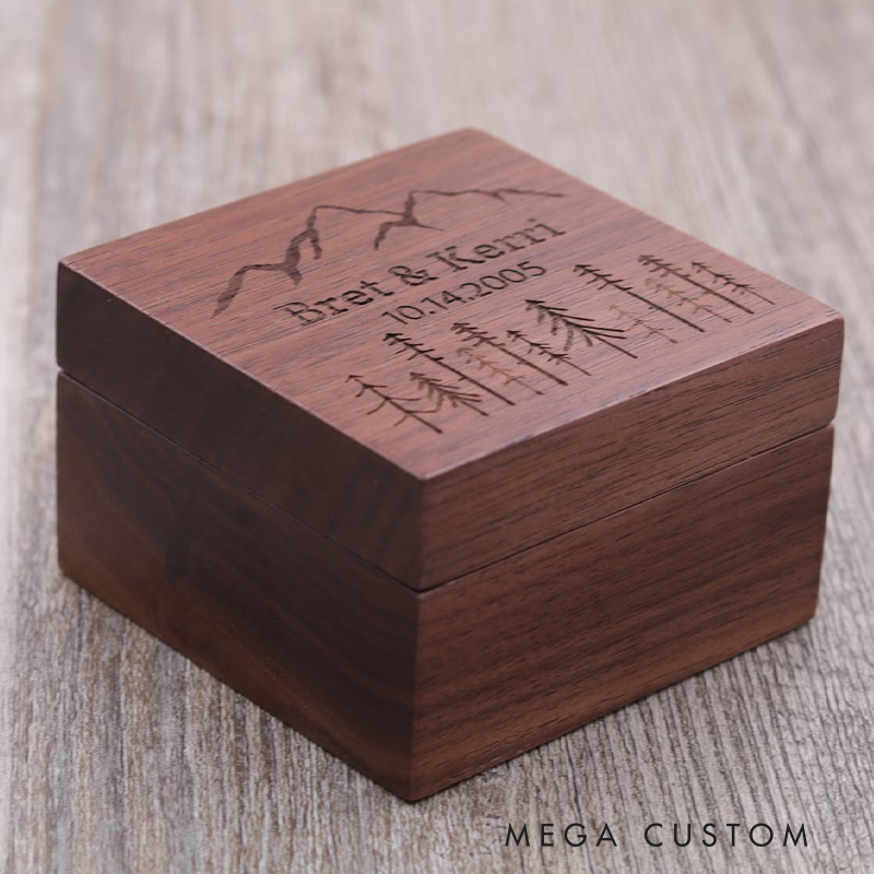 Personalized Mountains Walnut Wood Ring Box for Outdoor Adventure Couple Custom Jewelry Box Gift for Couple