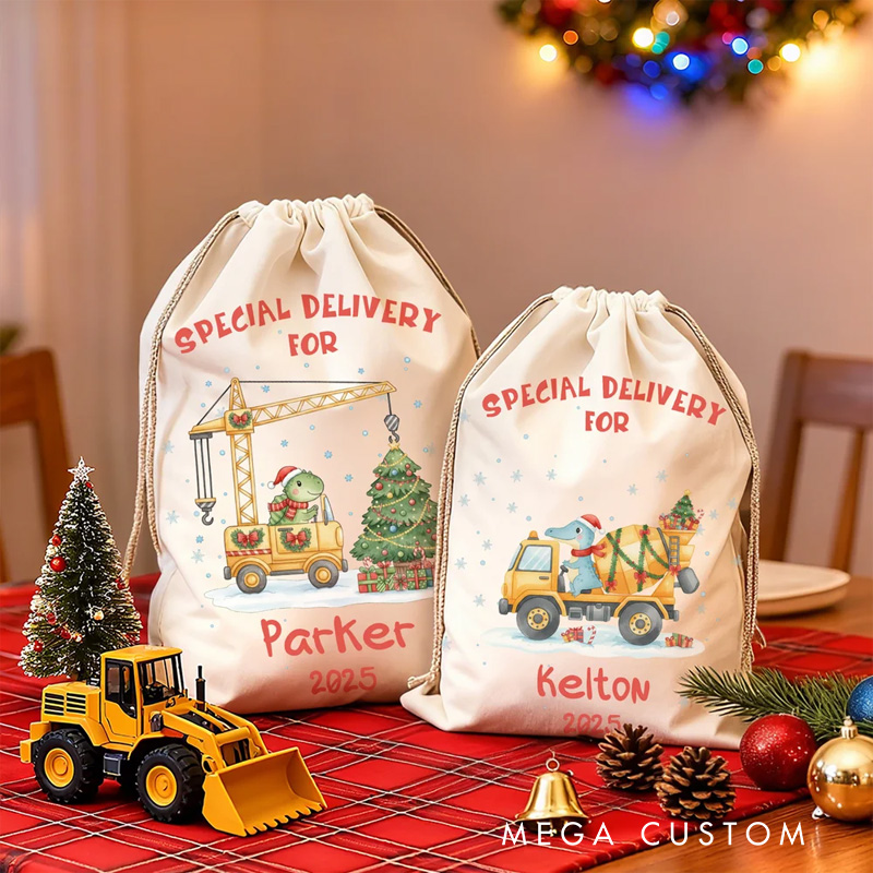 Personalized Cute Dinosaur Construction Vehicle Drawstring Gift Bag Santa Sack with Name and Year Christmas Gift for Kids