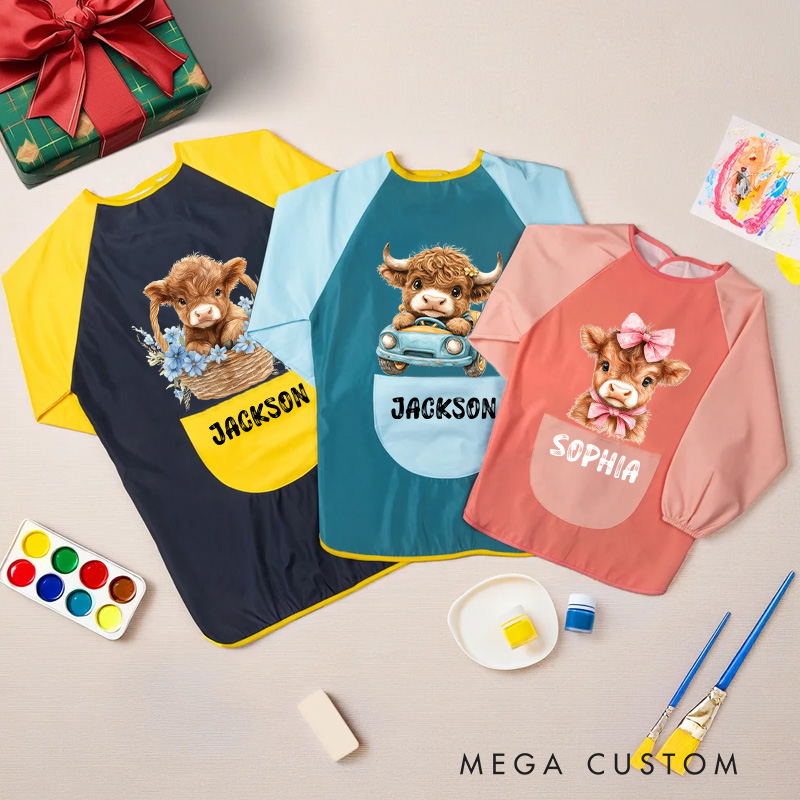 Personalized Animal Adventure Apron with Custom Name and Playful Blue Pink Highland Cow for Fun Baking Activities Kid Apron