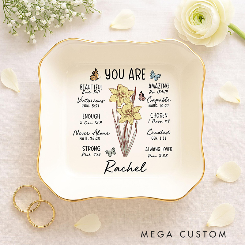 Personalized You are Birth Flower Ceramic Square Round Heart Ring Dish with Name Christian Jewelry Dish Bible Verse Ring Dish Gift for Her Faith Gift