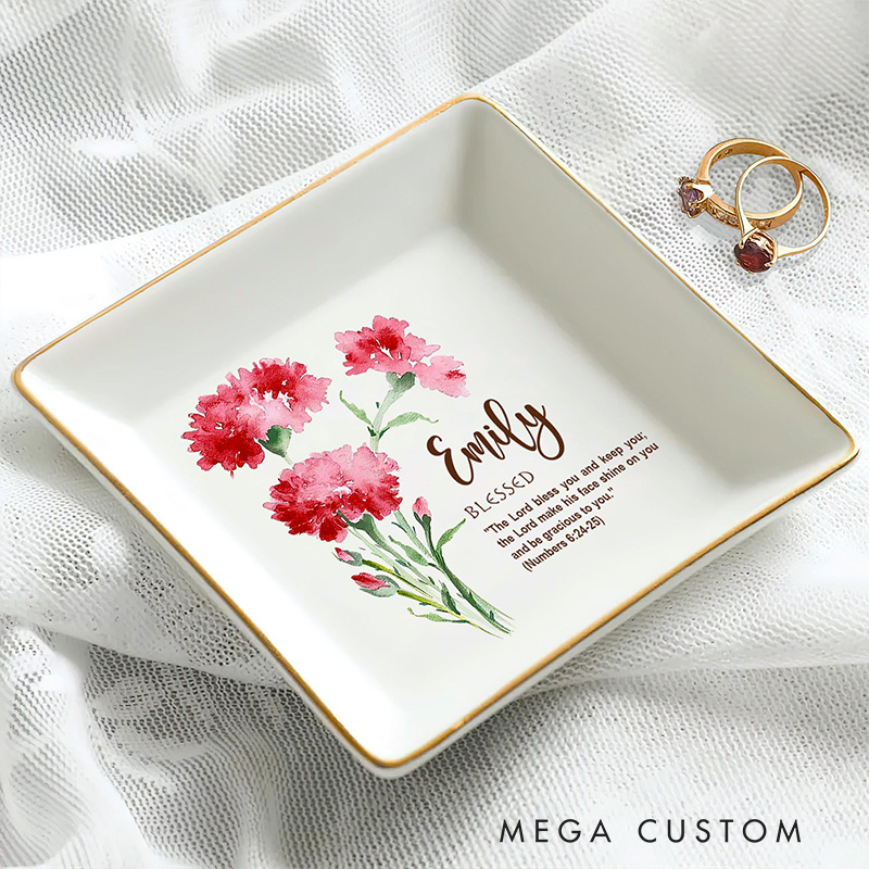 Personalized Bible Verse Watercolor Birth Flower Ceramic Ring Dish with Name Christian Floral Trinket Dish Faith Jewelry Dish Gift for Her