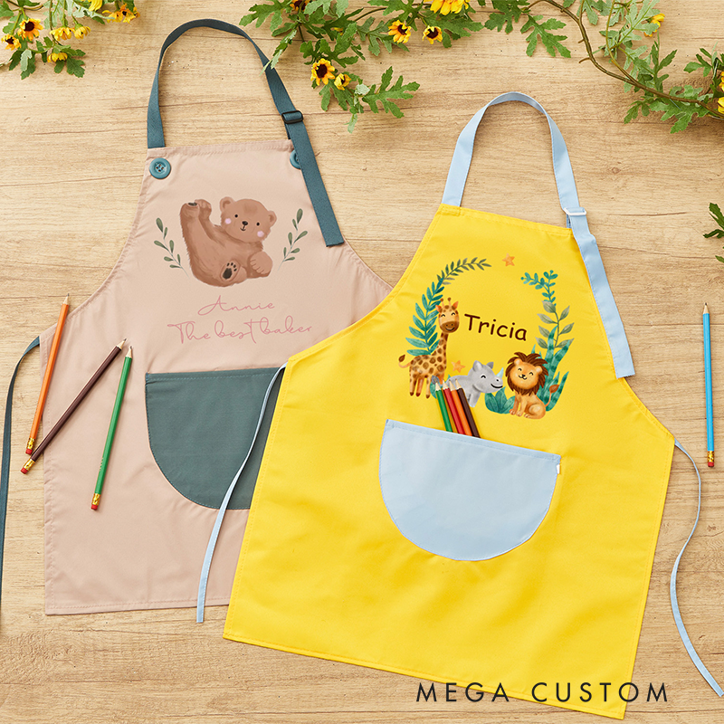 Personalized Animals Children Apron Custom Cooking Apron with Pocket Painting Apron Baking Apron Birthday Gift for Kids 