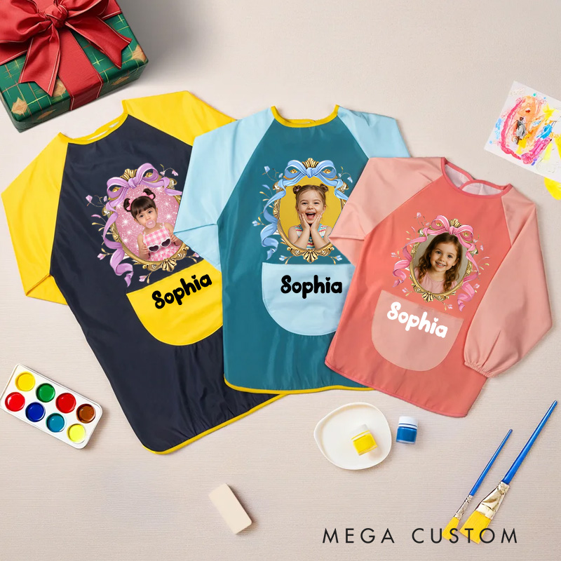 Personalized Photo Frame Apron with Custom Name and Adorable Pink Design for Memorable Mealtime Fun Kid Apron