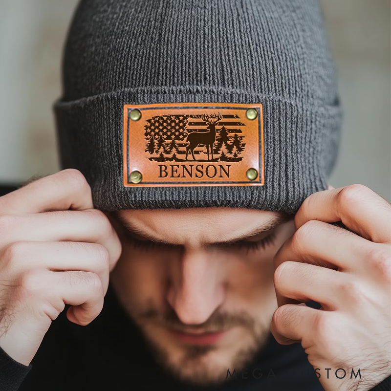Personalized Leather Patch Beanie Custom Deer and Forest Design with American Flag Knitted Hat Hunter Gift for Husband Dad Boyfriend