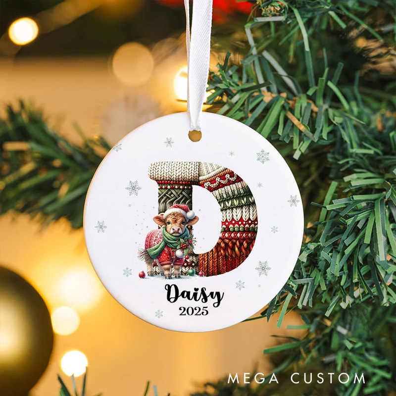 Personalized Cute Animals Knitted Design Ceramic Christmas Ornament with Initial and Name Christmas Tree Decoration Gift for Family Friends