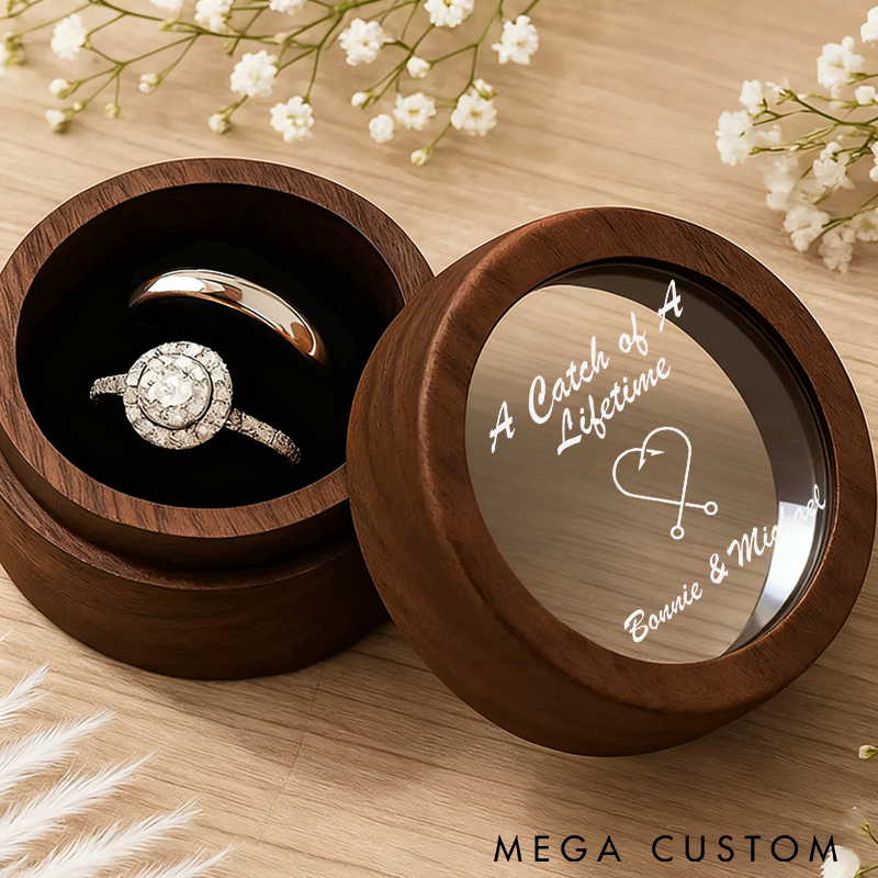 Personalized Wooden Ring Box A Catch of A Lifetime Ring Box Couples Ring Box Custom Names Perfect for Weddings Engagements and Fishing-Themed Gifts