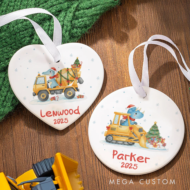 Personalized Cute Dinosaur Construction Vehicle Heart Circular Hanging Ornament Home Decor Christmas Gift 