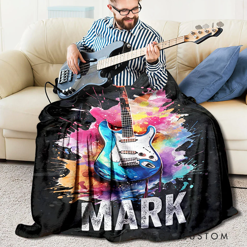 Personalized Multicolor Splash Ink Electric Guitar Soft Throw Blanket with Name Music Room Decor Gift for Guitar Player