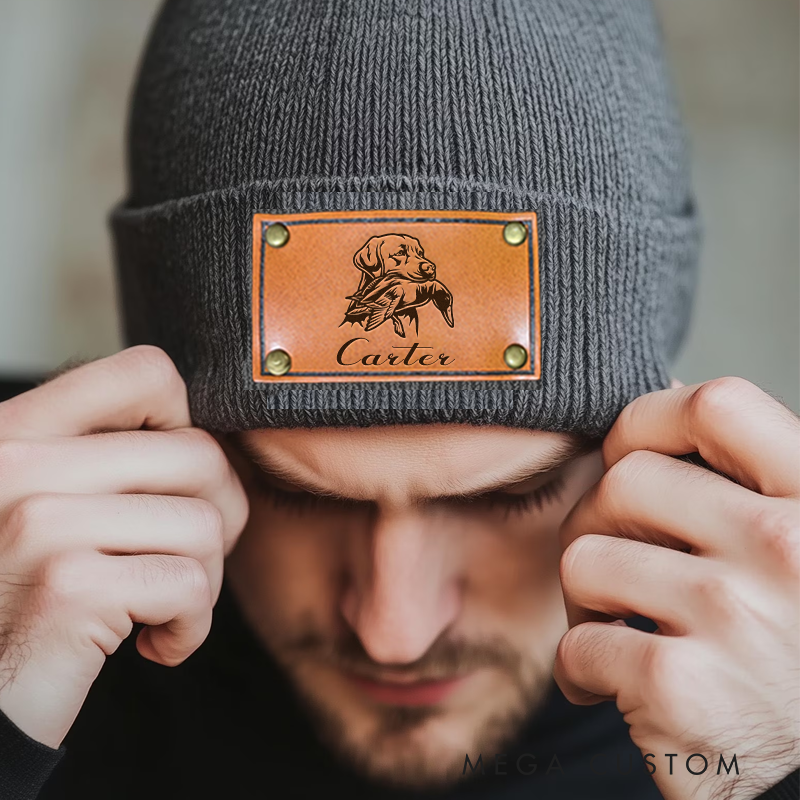 Personalized Leather Patch Beanie Custom Hunter Winter Hat Hunter Gift for Husband Dad Boyfriend