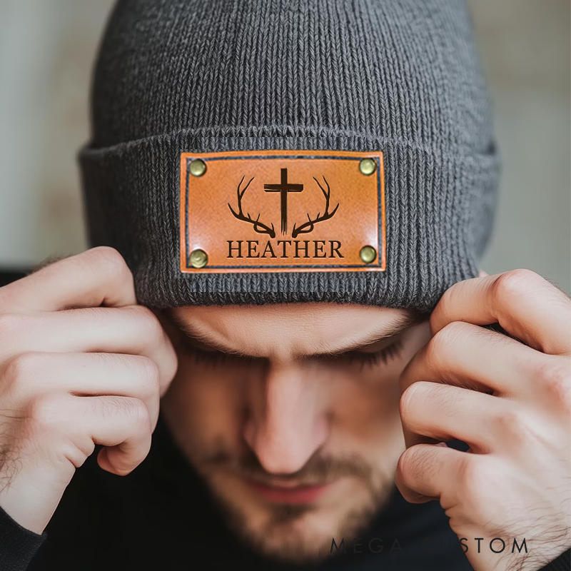 Personalized Leather Patch Beanie Custom Antler and Cross Winter Hat Classic Hunter Winter Hat Gift for Husband Him Boyfriend