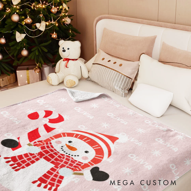 Personalized Cute Candy Cane Top Hat Snowman Soft Throw Blanket with Name Festival Home Decor Christmas Birthday Gift for Family Kids