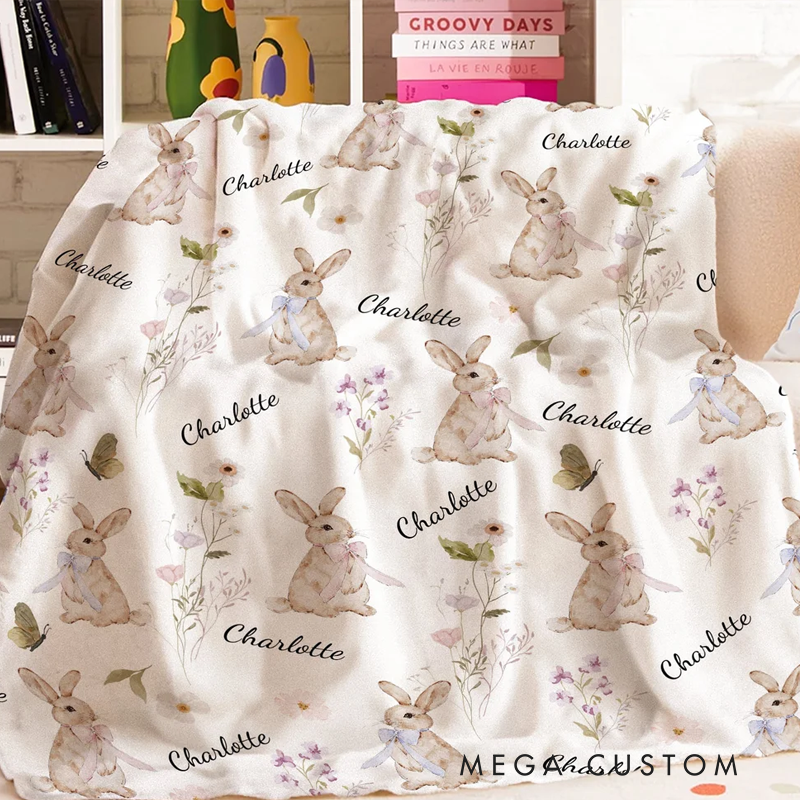 Personalized Wildflower Rabbit Soft Throw Blanket with Name Home Decor Anniversary Birthday Gift for Family Baby