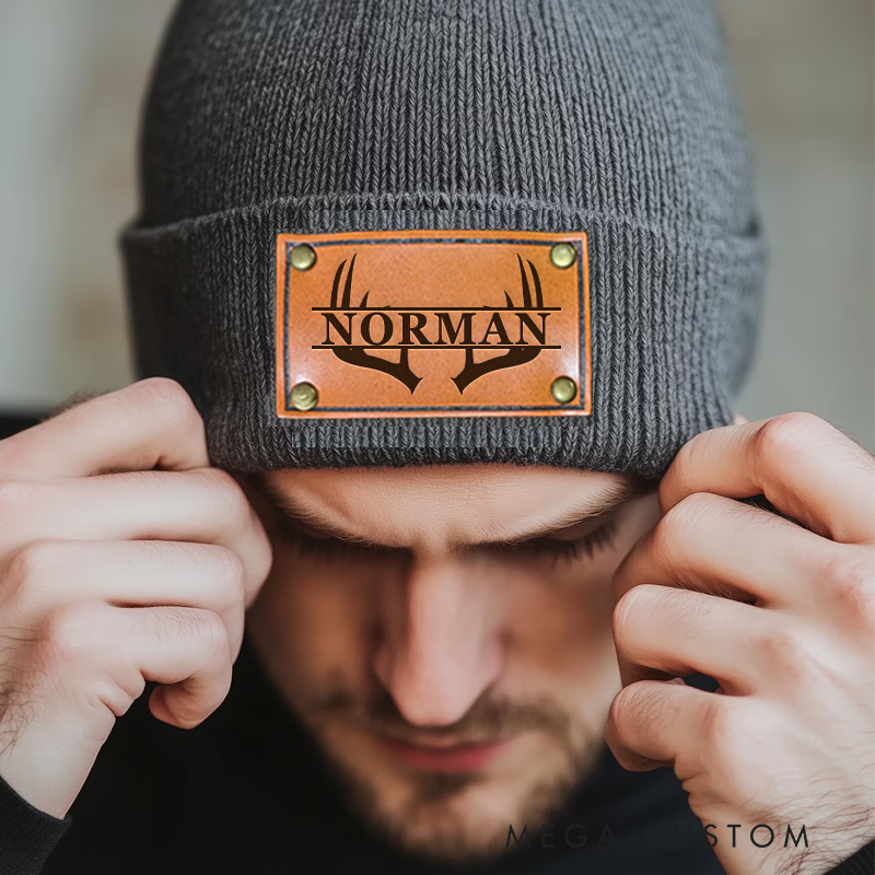 Personalized Leather Patch Beanie Custom Name Hat Hunting Winter Hat Gift for Husband Him Boyfriend