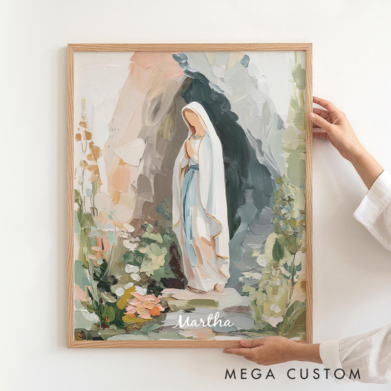 Personalized Our Lady of Lourdes Virgin Mary Catholic Modern Art Frameless Poster with Name Neutral Christian Wall Decor Gift for Her Blessed Mother