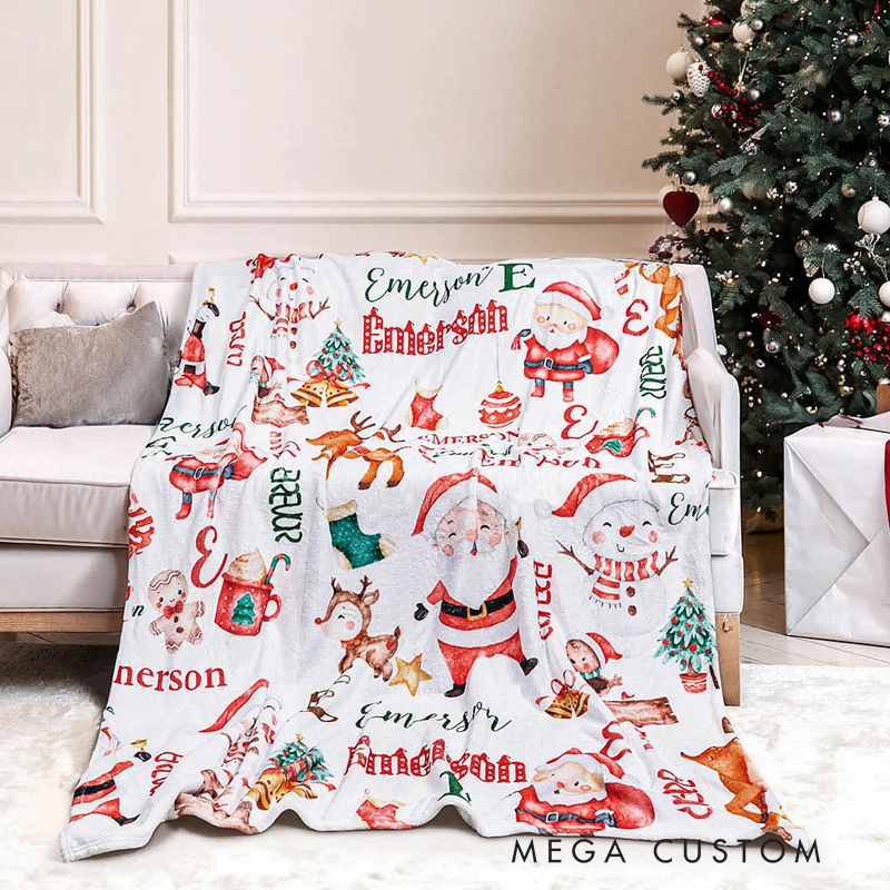 Personalized Santa Claus Reindeer Snowman Christmas Blanket with Name Home Decoration Christmas Gift for Kid Family Friend
