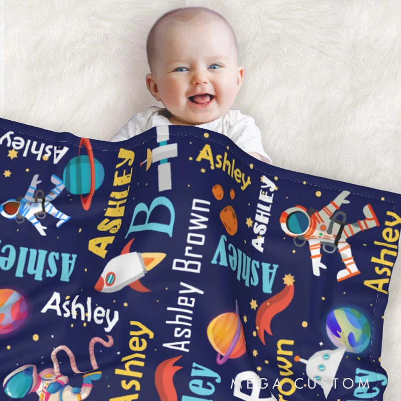 Personalized Space Theme Astronaut Rocket Fleece Soft Blanket with Name Birthday Gift for Kid