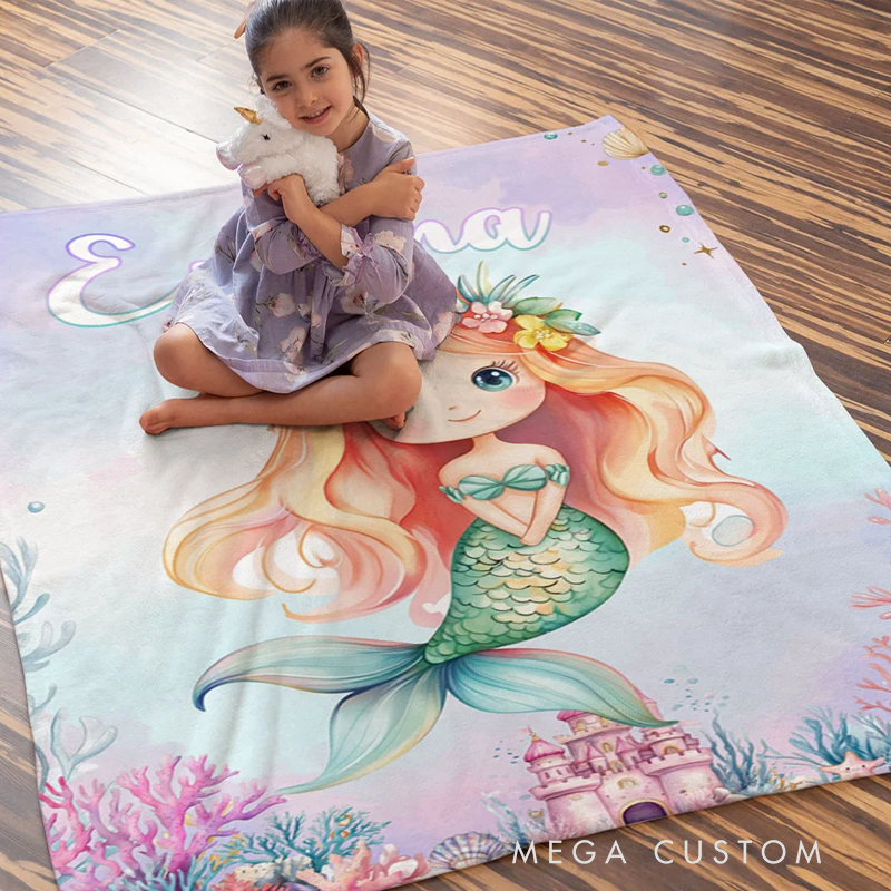 Personalized Fantasy Mermaid Princess Underwater World Soft Throw Blanket with Name Home Decor Birthday Gift for Girls