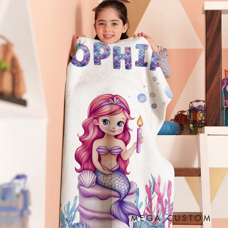 Personalized Fantasy Mermaid Underwater World Soft Throw Blanket with Name Home Decor Birthday Gift for Girls