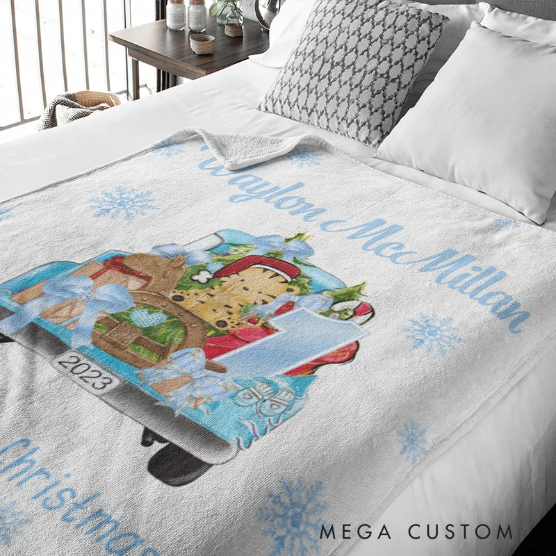 Personalized Baby's First Christmas Blanket Cute Animal on Gift Truck Sofa Blanket with Name Holiday Home Decoration Christmas Gift for Family Kid