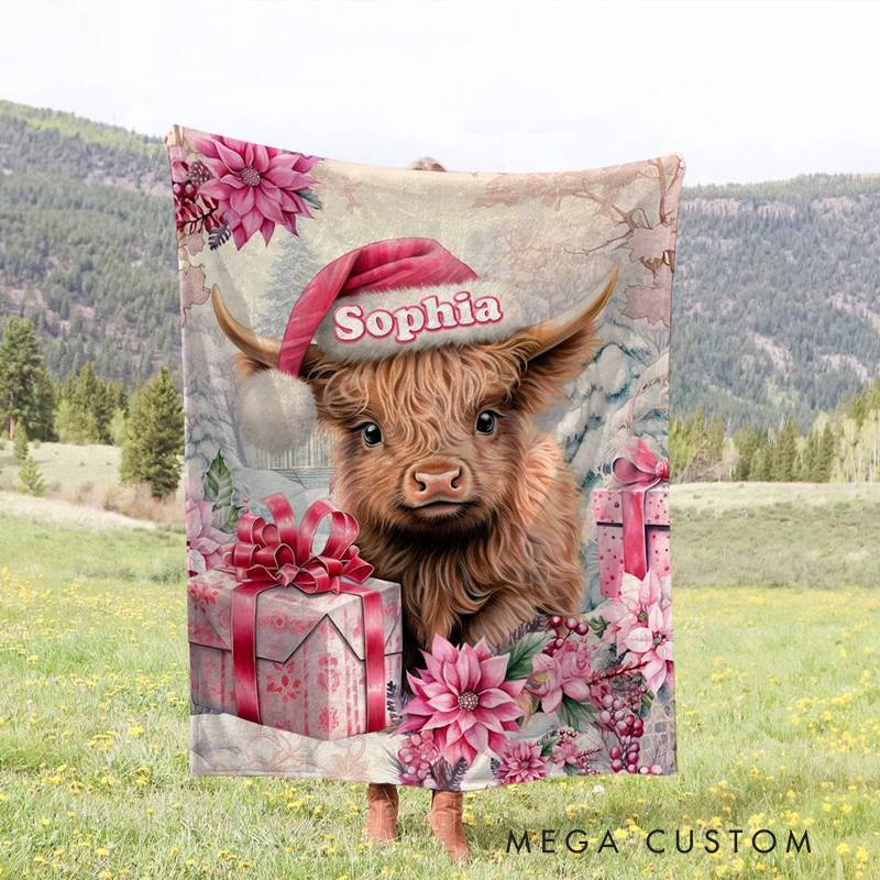 Personalized Pink Floral Highland Cow Blanket with Name Christmas Gift for Highland Cow Lover