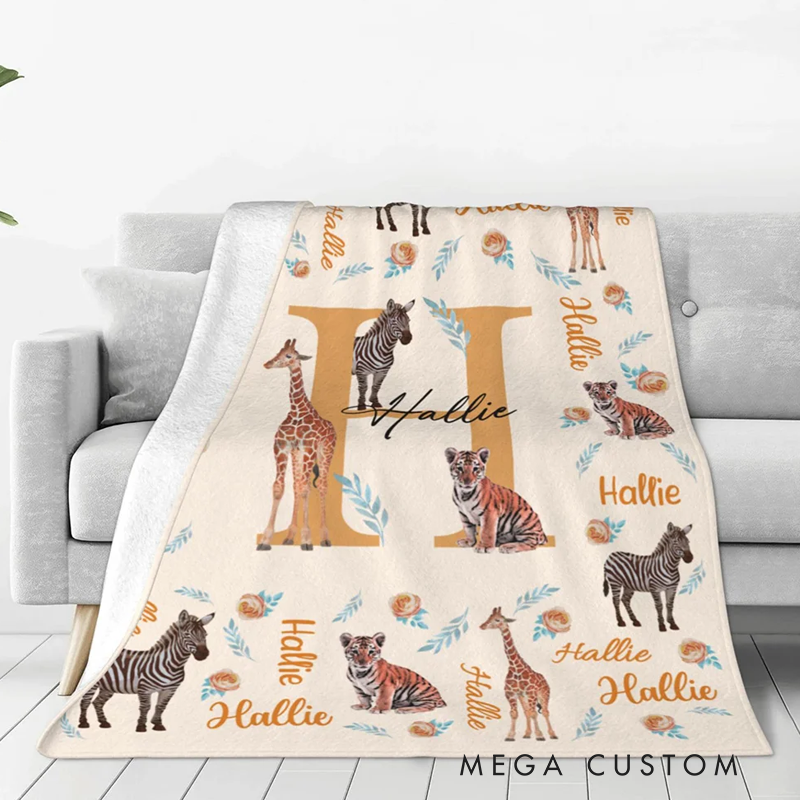 Personalized Cute Jungle Animal Soft Throw Blanket with Name Baby Shower Christmas Gift for Boys Girls