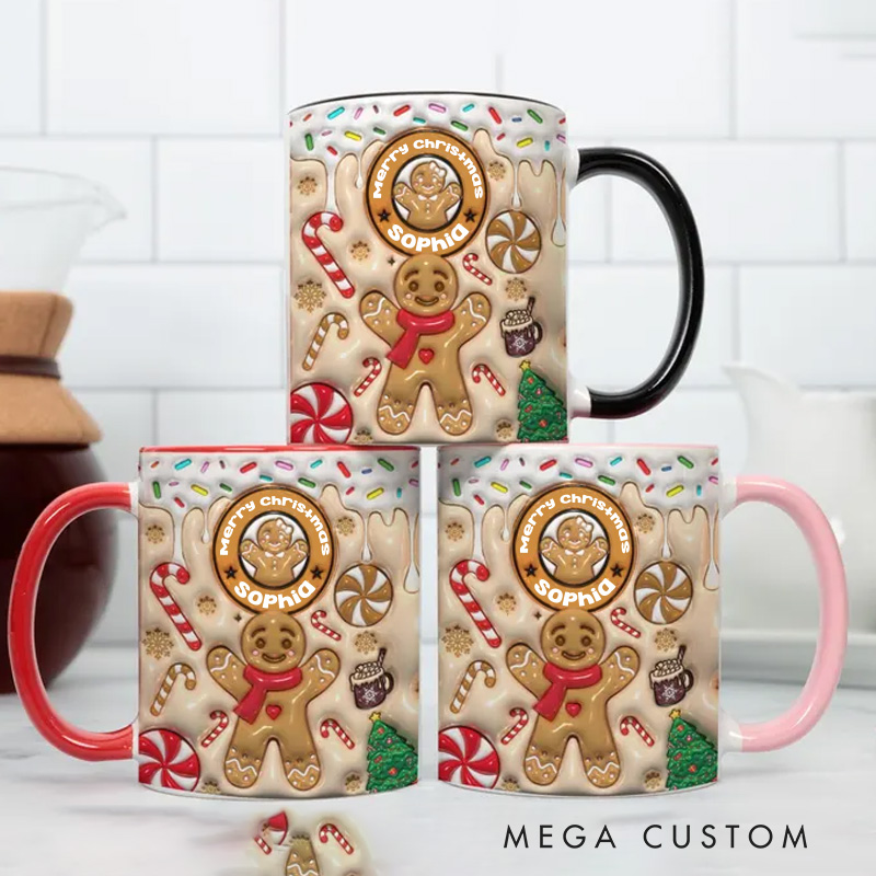 Personalized Name Gingerbread Delight Mug with Festive Candy Cane and Holiday Cheer 3D Inflated Effect Printed Mug