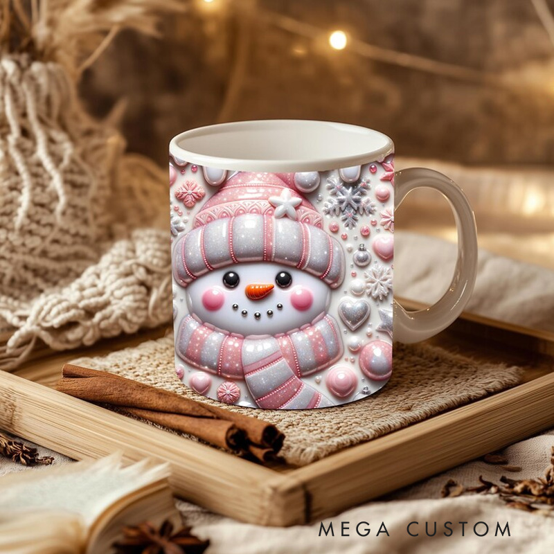 Personalized Name Cozy Snowman Mug with Heartwarming Winter Elements and Festive Cheer 3D Inflated Effect Printed Mug