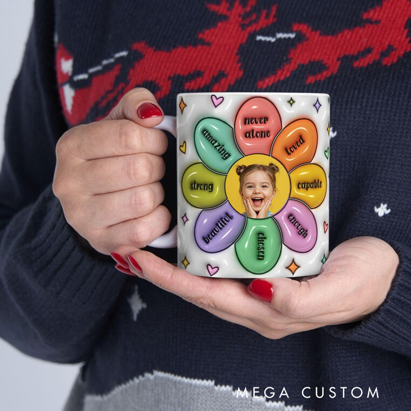 Personalized Inspirational Flower Mug with Uplifting Words and Custom Photo Center 3D Inflated Effect Printed Mug