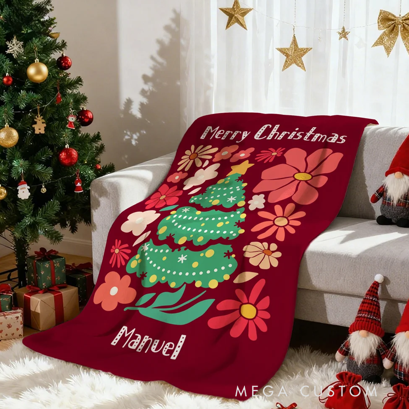 Personalized Christmas Tree Colorful Floral Soft Throw Blanket with Name and Text Home Decor Christmas Gift for Family Friends