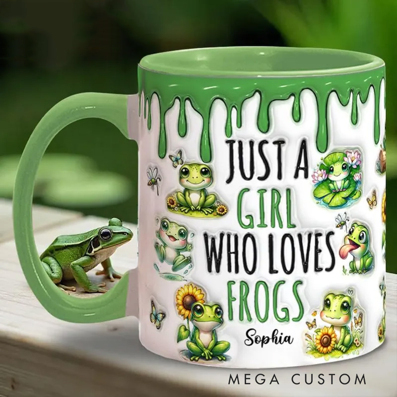 Personalized Frog Lover's Mug with Playful Amphibian Illustrations and Custom Name 3D Inflated Effect Printed Mug