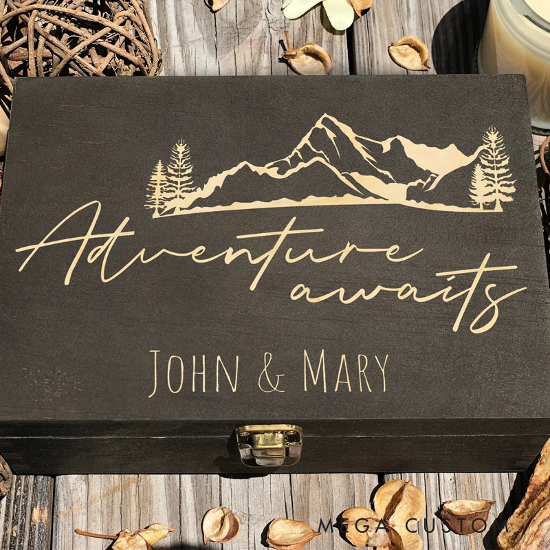 Personalized Wooden Keepsake Box Engraved Adventure Awaits Outdoor Adventures Memory Box Wood Memorial Box Gift for Outdoor Lover