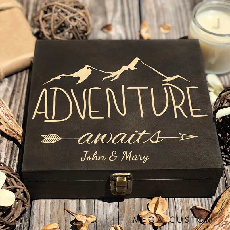 Personalized Adventure Memory Box Engraved Rustic Keepsake Custom Photo Box Adventure Awaits Memorial Box Gift for Outdoor