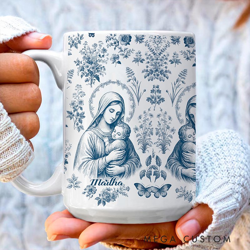 Personalized Virgin Mary & Jesus 11oz 15oz Ceramic Mug with Name French Blue Toile Our Lady Coffee Cup Vintage Floral Catholic Marian Mug Gift for Her
