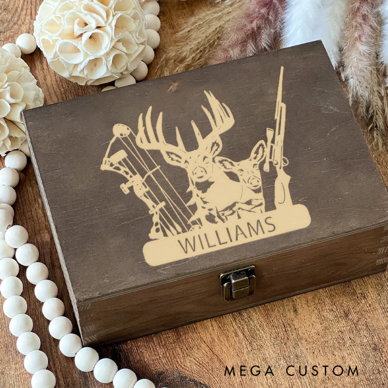 Personalized Deer Hunter Wooden Keepsake Box Engraved Bow and Hunting Rifle Memory Box Gift for Hunting Lover Husband Boyfriend