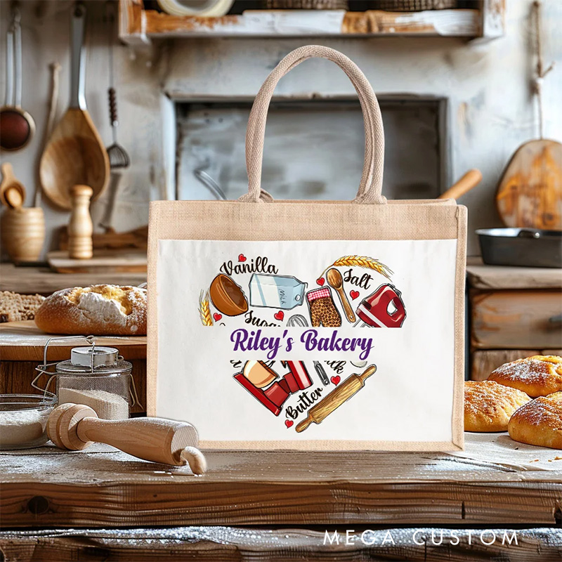 Personalized Baking Tools Love Heart Large Capacity Jute Tote Bag with Name Birthday Gift for Cooking Lovers