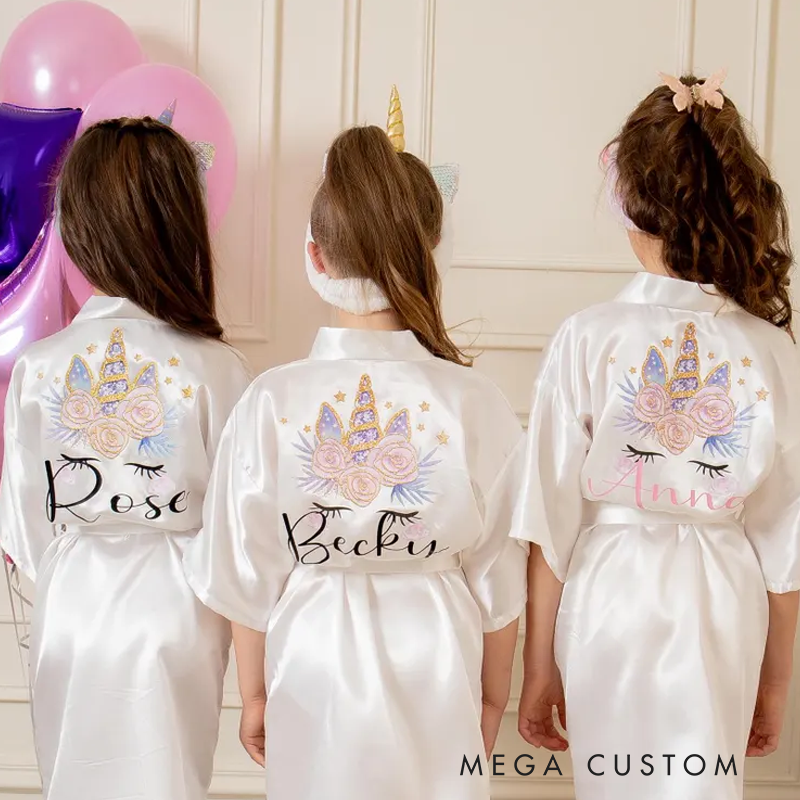 Personalized Unicorn Spa Birthday Party Robes Custom Kids Satin Robes Sleepover Party Robes Girl Robe Birthday Gift